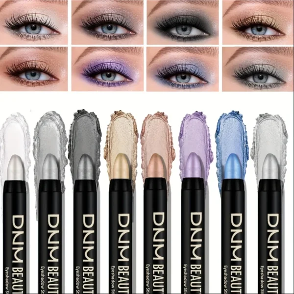 8-delige Set Metallic Oogschaduwsticks – Champagne Glitter & Highlighter – Waterproof en Langhoudende Oogmake-up – Bruin, Koraal, Blauw, Groen - Image 2