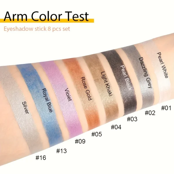 8-delige Set Metallic Oogschaduwsticks – Champagne Glitter & Highlighter – Waterproof en Langhoudende Oogmake-up – Bruin, Koraal, Blauw, Groen - Image 5