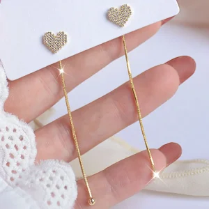 14K Gouden Oorbellen – Lange Hangers met Fijn Ingezette Zirkonia & Klein Hartje