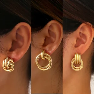 Vintage Goudkleurige Gedraaide Ronde Oorbellen Set voor Dames – Boho Geometrische Hangoorbellen