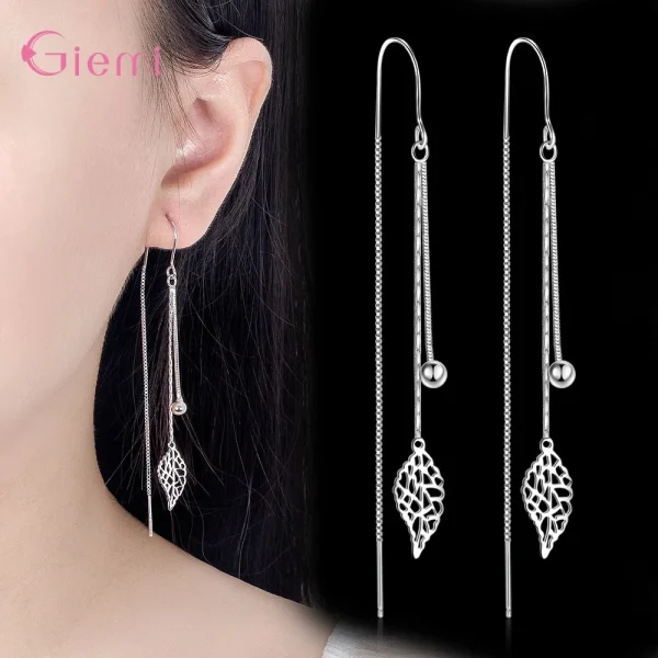 Sterling Zilveren Oorbellen, Mode Sieraden, Eenvoudige Holle Blad Kwastjes, Lange Doosketting, Draadoorbellen