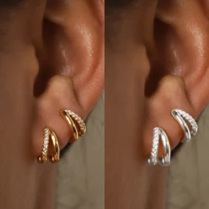 Fijne, kleine, gelaagde goudvergulde koperen oorbellen met zirkonia – Huggie Hoops voor dames en meisjes – Luxe, elegante cartilage oorringen