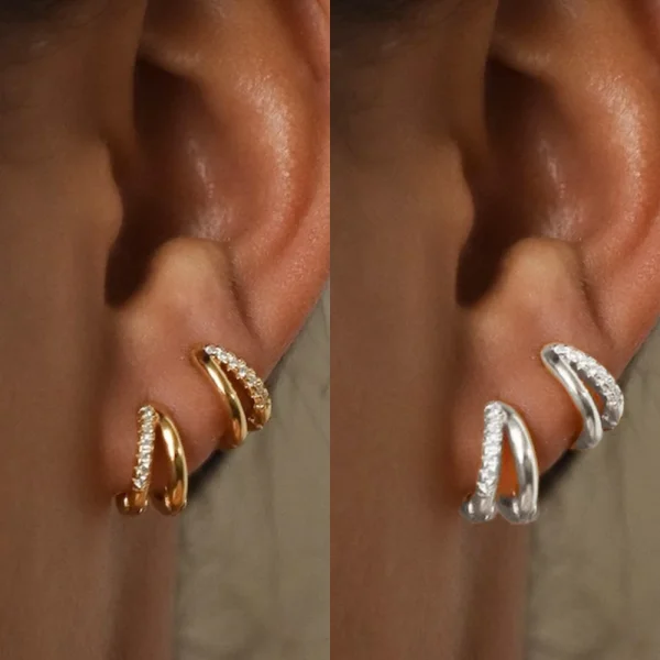 Fijne, kleine, gelaagde goudvergulde koperen oorbellen met zirkonia – Huggie Hoops voor dames en meisjes – Luxe, elegante cartilage oorringen
