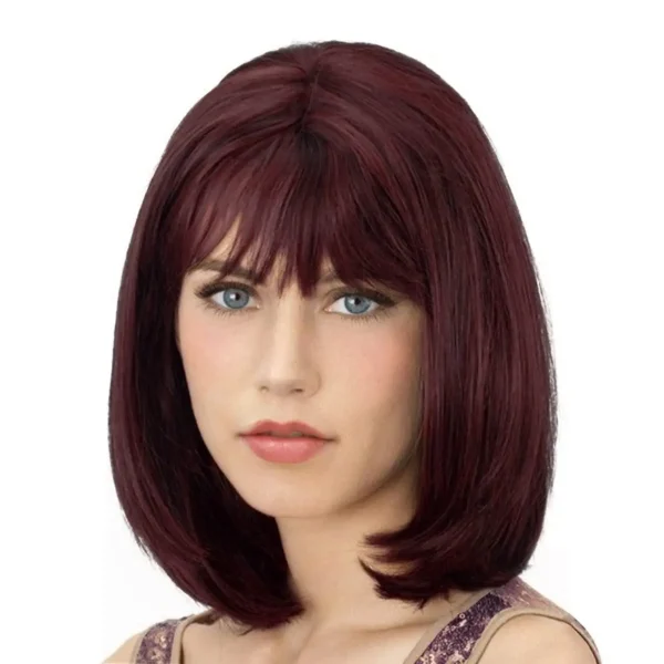 Pruik met Pony Donkerbruin – Korte, Steil Haarstijl voor Dames – Schouderlengte – Hittebestendig Synthetisch Haar – Natuurlijke Kleur - Image 8